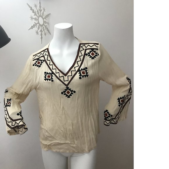 Crepe Embroidery Crochet Top Blouse Native Folk  Zara Free People? - Picture 3 of 5